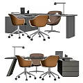 Modern Office Desk With Brown Wheeled Chairs Computer Desk Lamp And Storage Cabinet