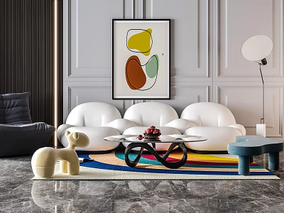 Modern Living Room Interior With White Sofa Coffee Table Set Colorful Rug Artwork And Floor Lamp 3d model