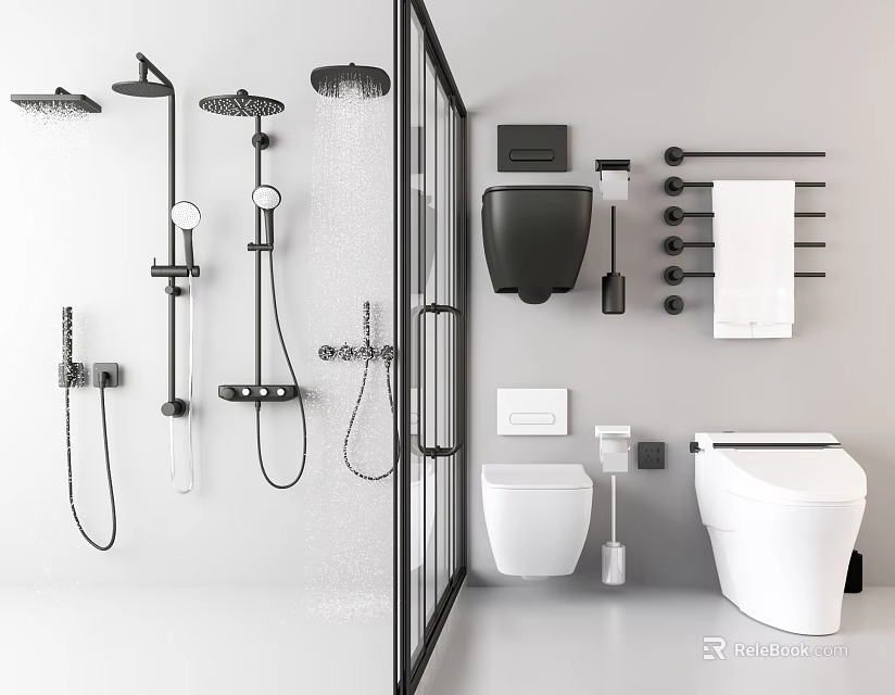 Modern Toilet in Bathroom with Shower System Towel Rack and Black White Accessories 3d model 