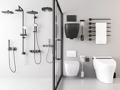 Modern Toilet in Bathroom with Shower System Towel Rack and Black White Accessories 3d model