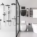 Modern Toilet in Bathroom with Shower System Towel Rack and Black White Accessories