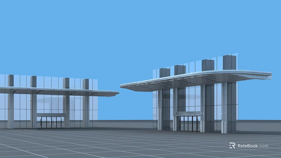 Modern Architectural Canopy With Glass Curtain Walls And Supporting Columns Against Blue Sky 3d model 