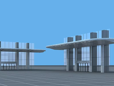 Modern Architectural Canopy With Glass Curtain Walls And Supporting Columns Against Blue Sky 3d model