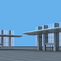 Modern Architectural Canopy With Glass Curtain Walls And Supporting Columns Against Blue Sky