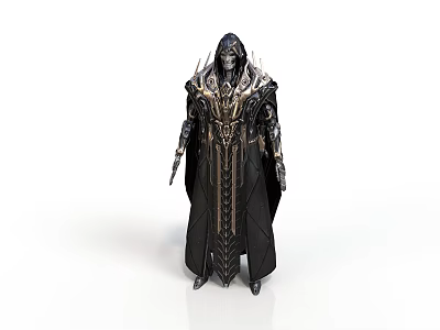 Fantasy Warrior Character In Black Robe With Golden Decorations And Spiked Helmet 3d model