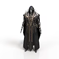 Fantasy Warrior Character In Black Robe With Golden Decorations And Spiked Helmet
