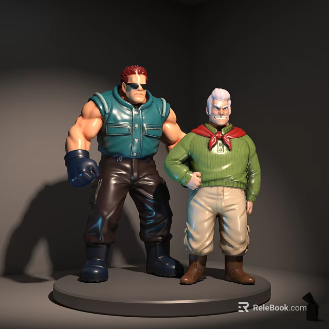 Two Action Dolls Featuring Red Hair Sunglasses Blue Vest White Hair Red Scarf Green Sweater 3d model 