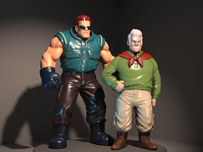 Two Action Dolls Featuring Red Hair Sunglasses Blue Vest White Hair Red Scarf Green Sweater 3d model