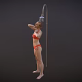Woman in Red Bikini Top Enjoying Shower with Water Spray from Head