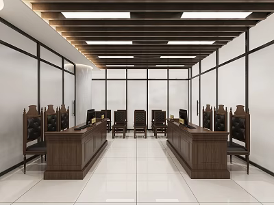 Modern Courtroom Interior Design With Wooden Desks Chairs And Layout 3d model