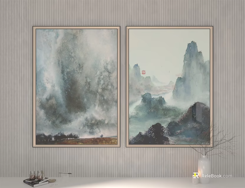 Traditional Chinese Landscape Paintings With Misty Mountains And Water Scenery For Home Wall Art 3d model 