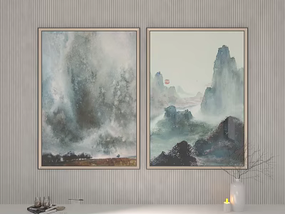Traditional Chinese Landscape Paintings With Misty Mountains And Water Scenery For Home Wall Art 3d model