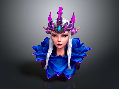 Fantasy Elf Character With White Hair Purple Spiked Headdress Blue Gem And Blue Petal Outfit 3d model