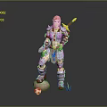 Pink Haired Female Warrior in Blue White Armor Holding Spear with Creature Egg and Grass
