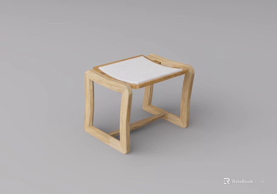 Minimalist Wooden Stool With Light Wood Frame And White Cushion Seat 3d model 
