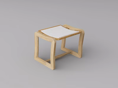 Minimalist Wooden Stool With Light Wood Frame And White Cushion Seat 3d model