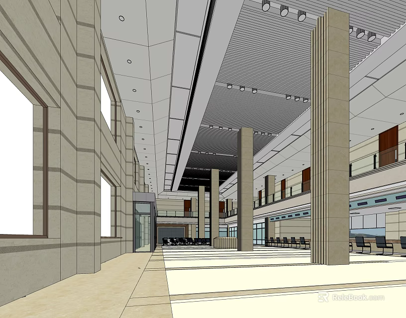 Spacious Hotel Lobby Interior With Tall Columns Modern Ceiling And Large Windows 3d model