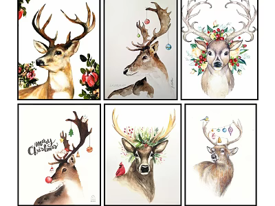 Vibrant Watercolor Deer Paintings with Floral Wreaths Christmas Ornaments and Birds 3d model