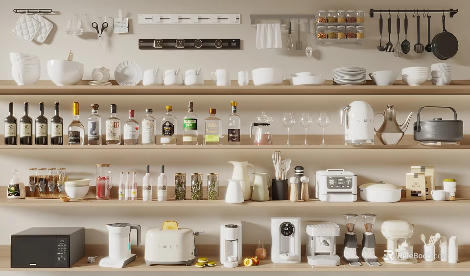 Organized Kitchen Storage Shelves With Cookware Glassware And Small Appliances 3d model 
