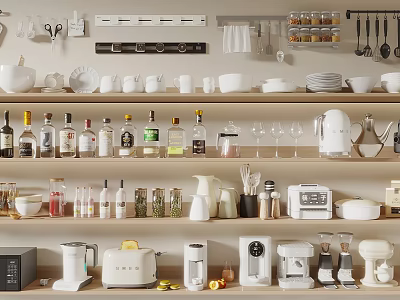 Organized Kitchen Storage Shelves With Cookware Glassware And Small Appliances 3d model