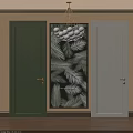 Green and Light Gray Hinged Doors with Palm Leaf Pattern and Golden Handles