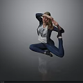 A Woman Doing Yoga Stretch In White Graphic Tee And Blue Pants