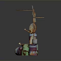 Rusty Industrial Scene With Colorful Oil Drums Crane Structure And Metal Discs