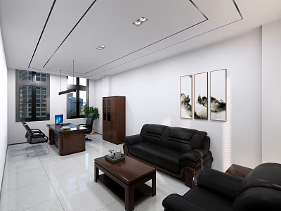 Modern Office Interior With Large Windows Desk Computer Black Sofas Coffee Table And Decorative Paintings 3d model