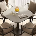 Dining Table Set with Four Woven Backrest Chairs Gray Tabletop Teapot Glasses and Napkin