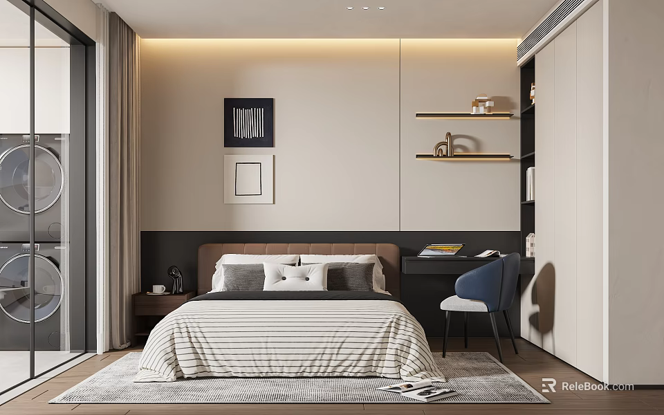 Modern Bedroom Interior With Bed Nightstand Chair Shelves Decorative Paintings And Rug 3d model 