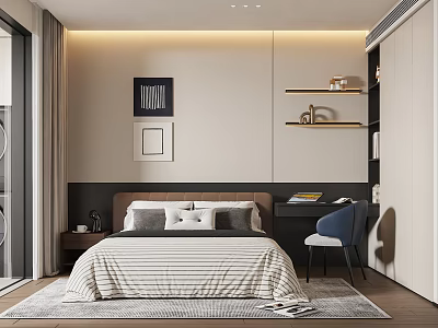 Modern Bedroom Interior With Bed Nightstand Chair Shelves Decorative Paintings And Rug 3d model