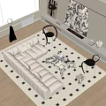 Modern Living Room Sofa Coffee Table Set With Checkered Rug And Accent Chairs