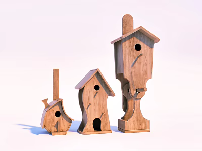 Handmade Natural Wooden Birdhouse Decorative Ornament Set with Three Different Sizes 3d model