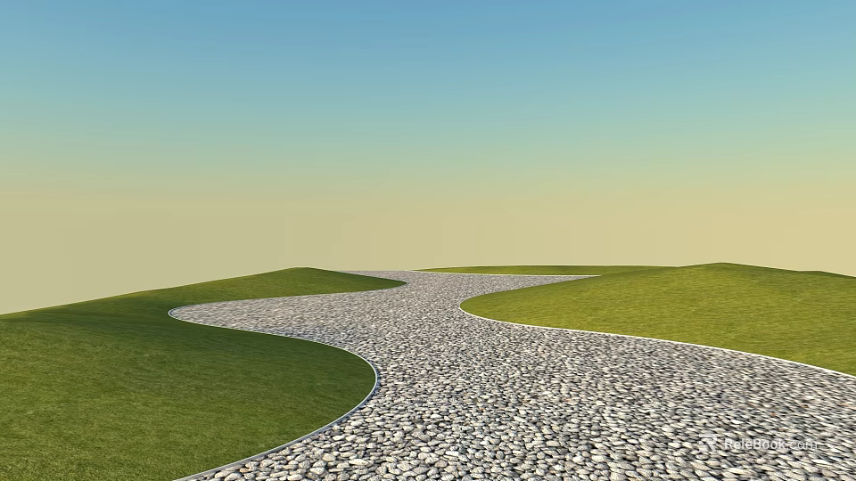 Winding Pebble Path Road Facility With Green Grass Sides And Blue Sky Background 3d model 