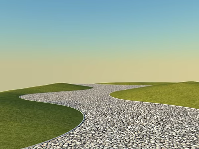 Winding Pebble Path Road Facility With Green Grass Sides And Blue Sky Background 3d model
