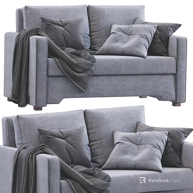 Gray Two Seater Sofa With Plush Pillows And Cozy Throw Blanket 3d model