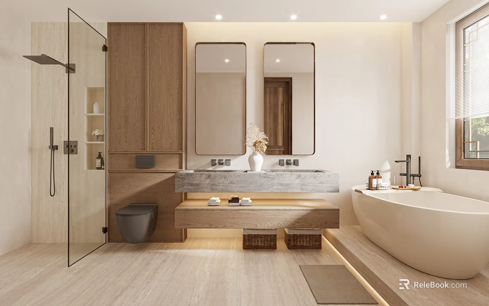 Modern Bathroom Interior Design With Wooden Cabinets Double Mirrors Stone Countertop Bathtub And Glass Shower 3d model 