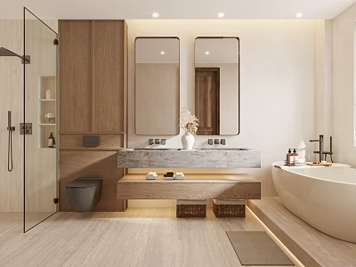 Modern Bathroom Interior Design With Wooden Cabinets Double Mirrors Stone Countertop Bathtub And Glass Shower 3d model