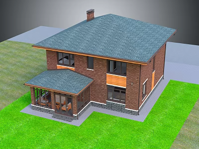 Cozy Detached House With Red Brick Exterior Dark Roof Covered Porch And Green Lawn 3d model