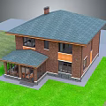 Cozy Detached House With Red Brick Exterior Dark Roof Covered Porch And Green Lawn