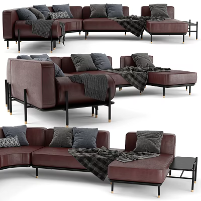Modern Two-seater Sofa With Cozy Pillows Plaid Blanket And Metal Legs 3d model