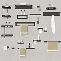 Black Bathroom Accessories With Shelves Towels Bottles Hooks And Toilet Paper Holder On Light Wall
