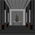 Modern Elevator Lobby With Shiny Floor Elevator Doors On Both Sides And Decorative Table 3d model