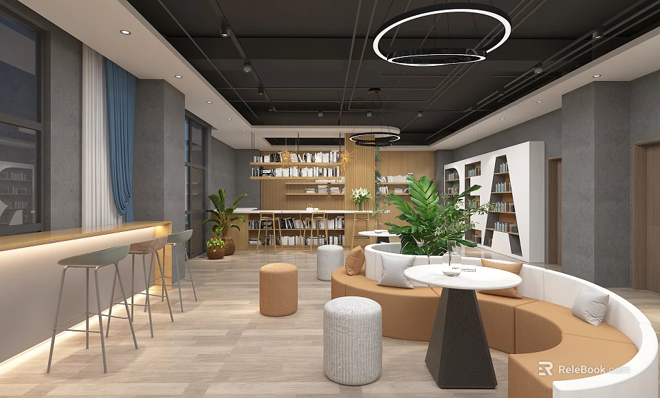 Modern Fitness Studio Interior With Comfortable Sofas Round Tables Plants And Bookshelves 3d model