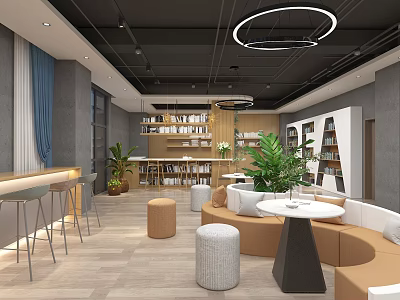 Modern Fitness Studio Interior With Comfortable Sofas Round Tables Plants And Bookshelves 3d model