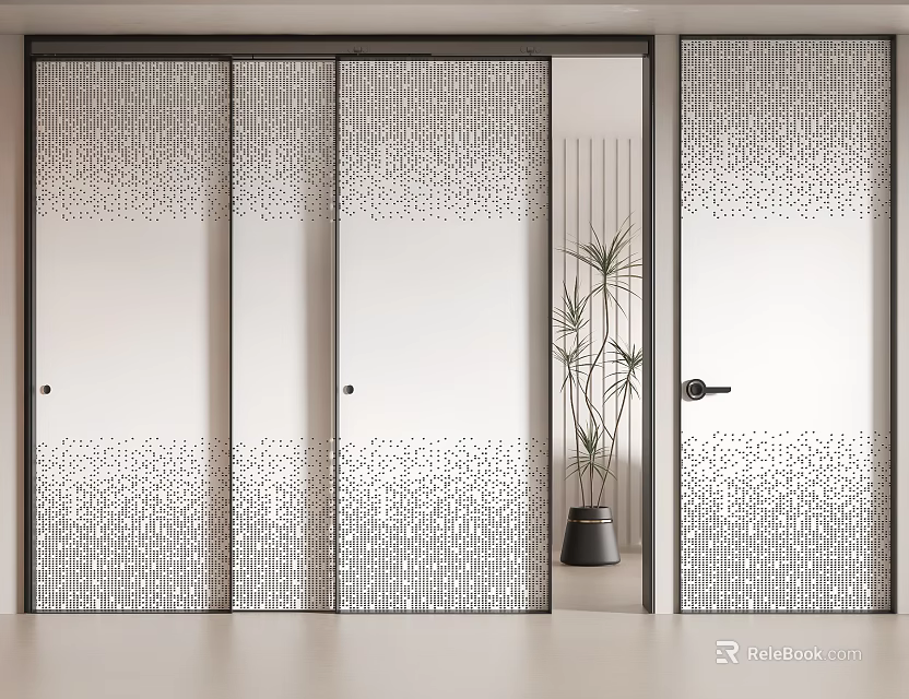 Modern Interior Design with Patterned Glass Sliding Doors and Single Panel Door 3d model