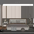 Modern Bedroom Interior With Neutral Tones Plush Bed Nightstands Armchair Pendant Lights And Paneled Walls