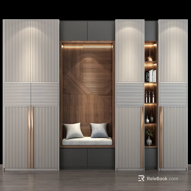 Modern Wooden Wardrobe Interior Design With Built in Shelves And Ambient Lighting 3d model 