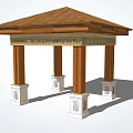 Wooden Pavilion With Brown Roof And Carved White Base Decorative Pillars