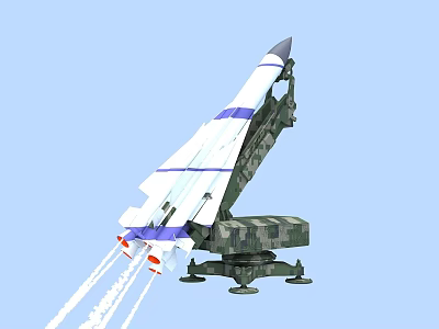 Military Weapon Missile With Blue White Stripes Launched From Camouflage Launcher Emitting Flames 3d model